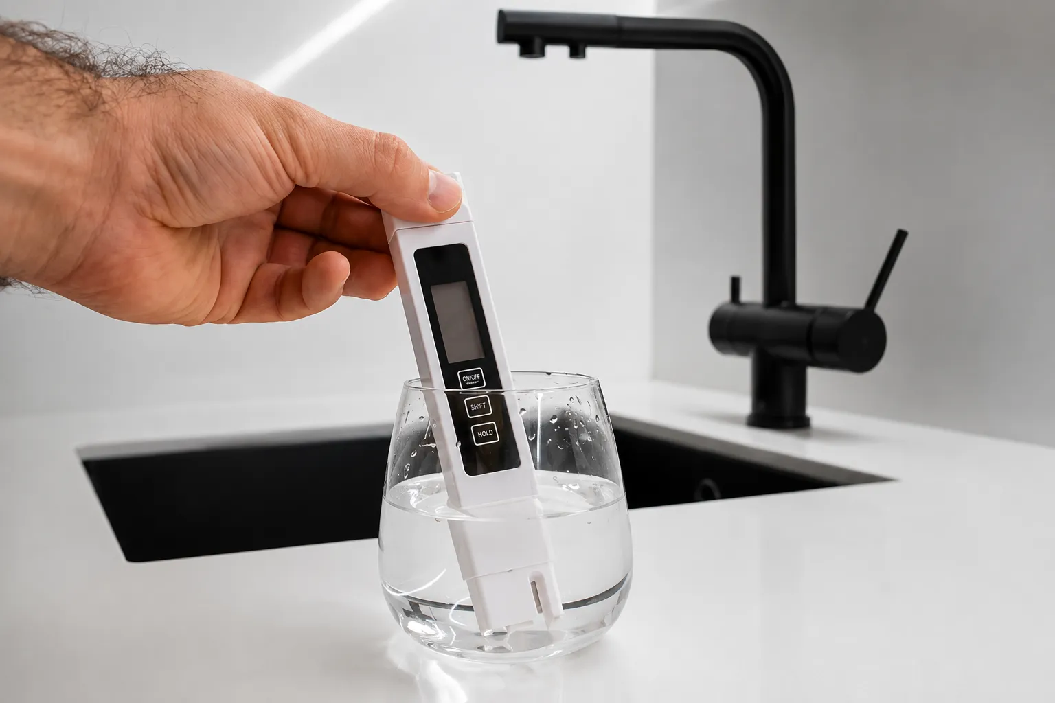 Testing water quality with a digital meter at a kitchen sink